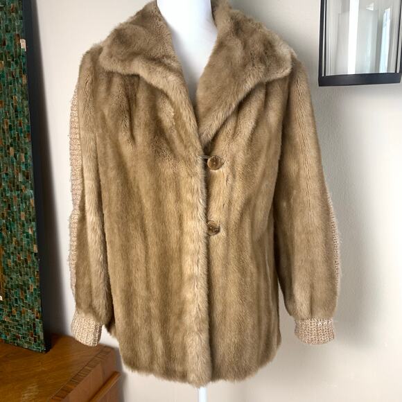 Vintage Size L Tissavel Faux Fur Coat Honey Beige Knit Trim Imported from France - Picture 1 of 15
